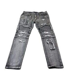 Damati Black Distressed Zipper Fly Mens Streetwear Jeans Size 38x32 Patchwork